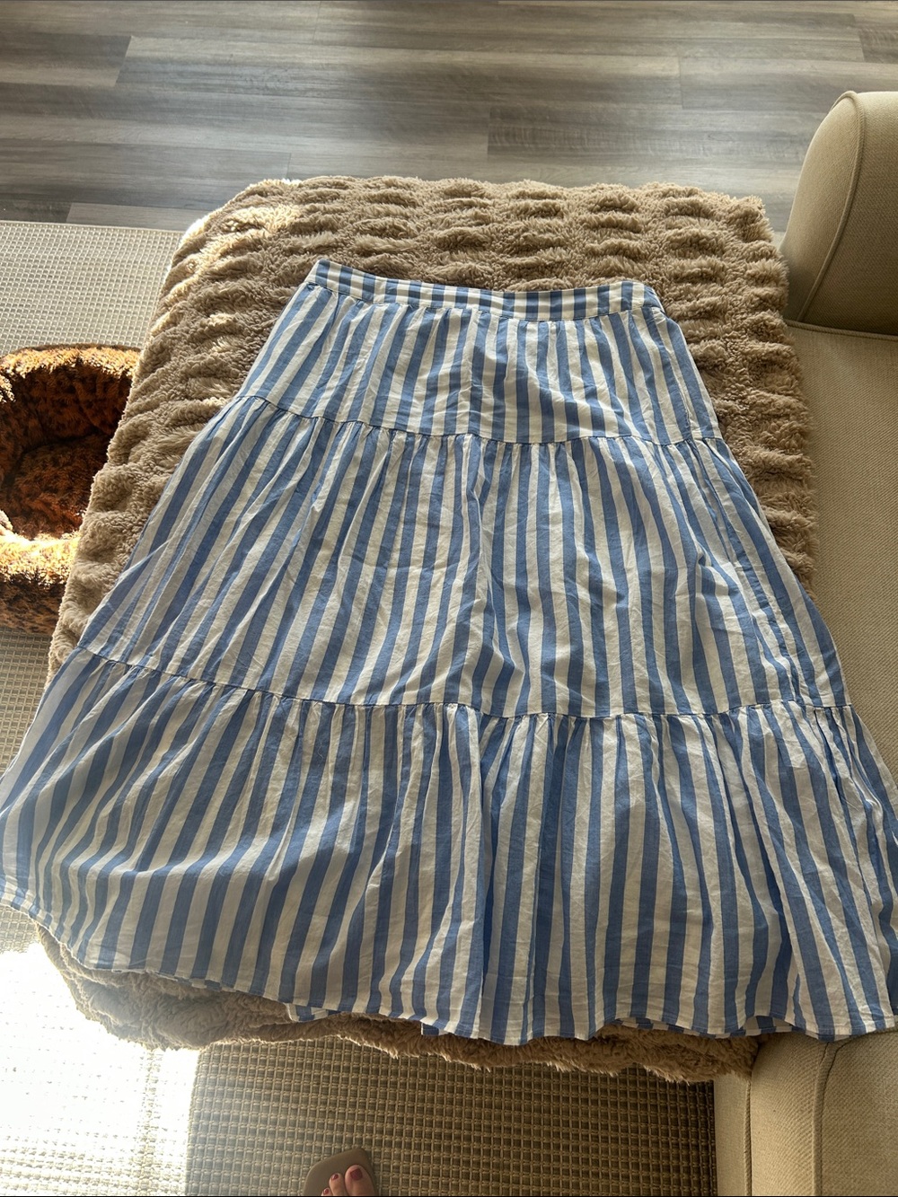 J. Crew Factory Blue and White Striped Tiered Maxi Skirt